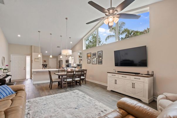 Dining room, Interior, Kitchen, Living room, Pendant Lights, Recessed Lighting, Wood Texture Flooring