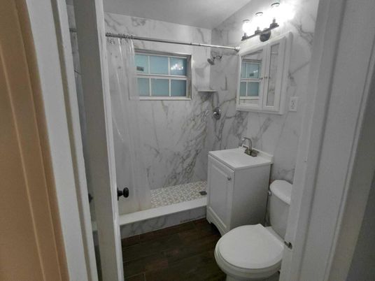 Bathroom, Interior, Marble Walls, Wood Texture Flooring