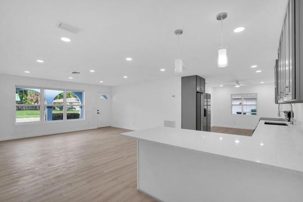 Empty room, Interior, Kitchen, Pendant Lights, Recessed Lighting, Wood Texture Flooring