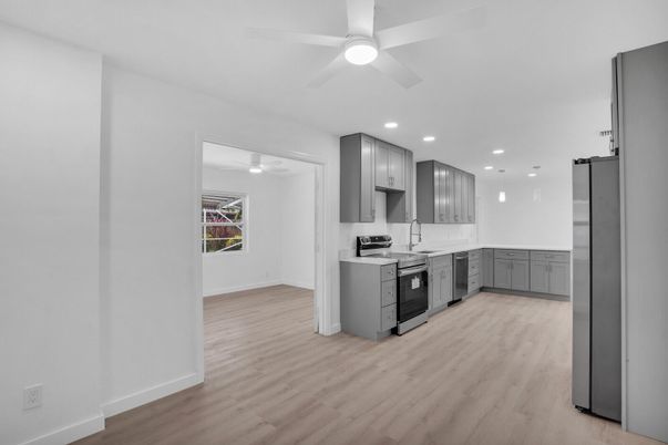 Interior, Kitchen, Recessed Lighting, Wood Texture Flooring