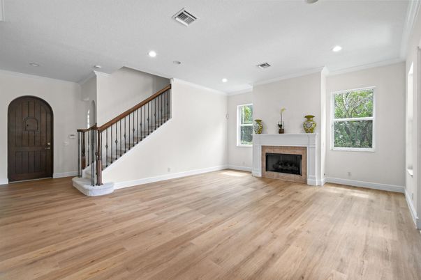 Empty room, Fireplace, Interior, Recessed Lighting, Wood Texture Flooring