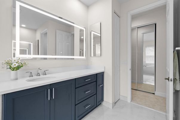 Bathroom, Dual Sink Vanities, Glass Shower, Interior, Marble, Recessed Lighting