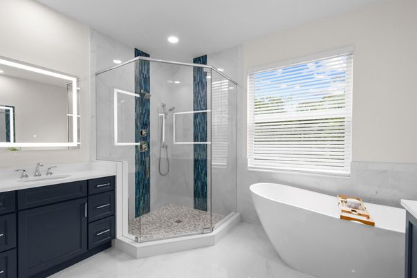 Bathroom, Free Standing Baths, Glass Shower, Interior, Marble, Marble Walls, Recessed Lighting