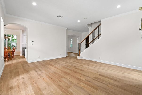 Dining room, Empty room, Interior, Pendant Lights, Recessed Lighting, Wood Texture Flooring