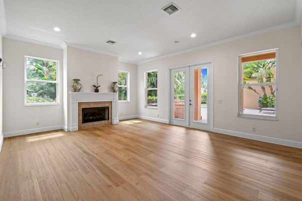 Empty room, Fireplace, Interior, Recessed Lighting, Wood Texture Flooring