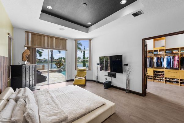 Bedroom, Interior, Recessed Lighting, Water, Wood Texture Flooring