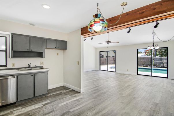 Interior, Kitchen, Pendant Lights, Recessed Lighting, Wood Texture Flooring