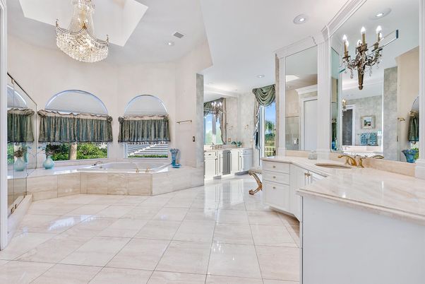 Bathroom, Chandelier, Dual Sink Vanities, Interior, Recessed Lighting