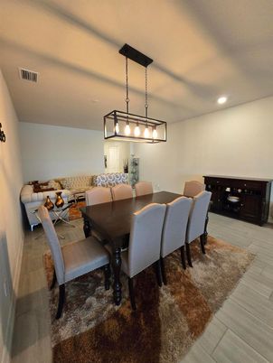 Dining room, Interior, Living room, Pendant Lights, Recessed Lighting, Wood Texture Flooring