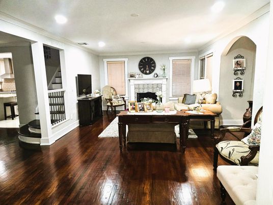Fireplace, Interior, Living room, Recessed Lighting, Wood Texture Flooring