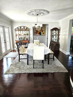 Chandelier, Dining room, Interior, Wood Texture Flooring