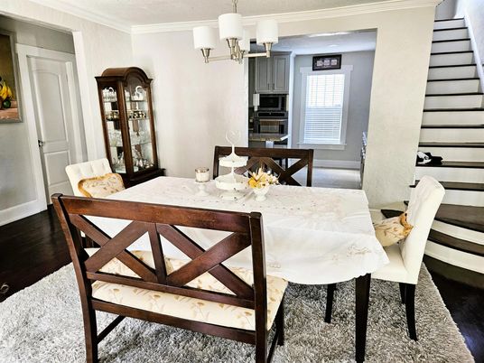 Chandelier, Dining room, Interior, Wood Texture Flooring