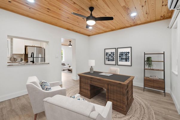 Home Office, Interior, Recessed Lighting, Stainless Steel Appliances, Wooden Ceilings, Wood Texture Flooring