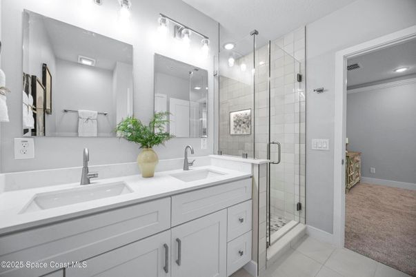 Bathroom, Dual Sink Vanities, Glass Shower, Interior, Recessed Lighting