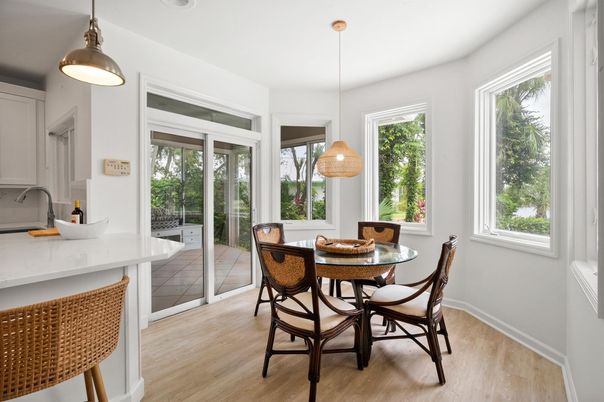 Dining room, Interior, Kitchen, Pendant Lights, Wood Texture Flooring