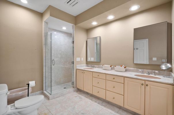 Bathroom, Dual Sink Vanities, Glass Shower, Interior, Recessed Lighting