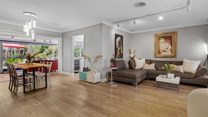 Dining room, Interior, Living room, Pendant Lights, Wood Texture Flooring
