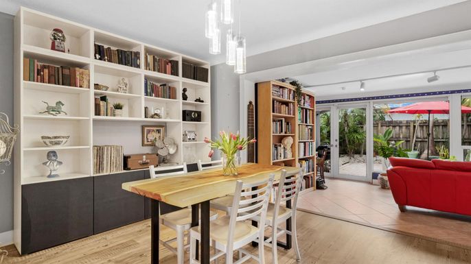 Dining room, Interior, Pendant Lights, Wood Texture Flooring