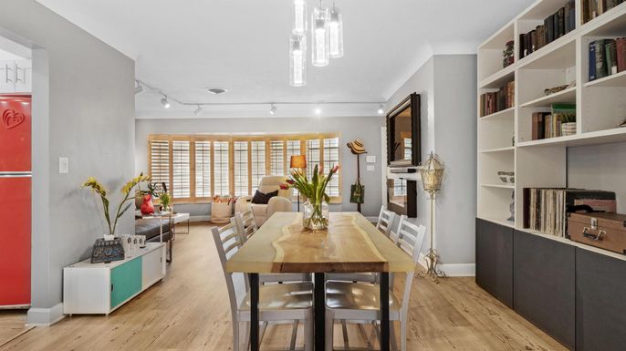 Dining room, Interior, Pendant Lights, Wood Texture Flooring