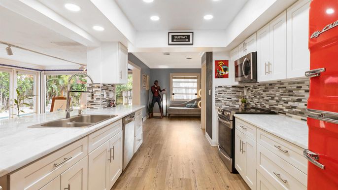 Interior, Kitchen, Recessed Lighting, Stainless Steel Appliances, Wood Texture Flooring