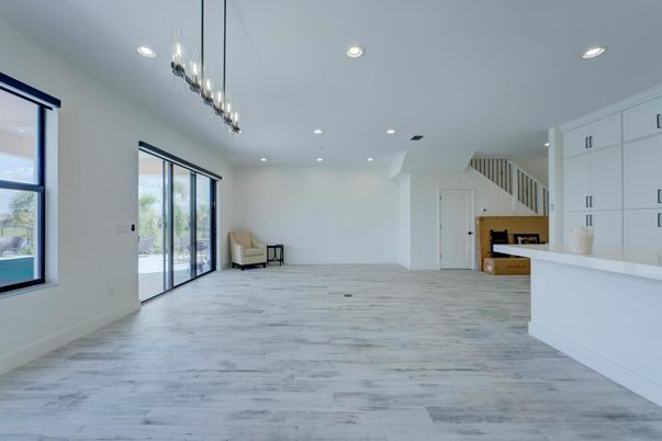 Empty room, Interior, Pendant Lights, Recessed Lighting, Wood Texture Flooring