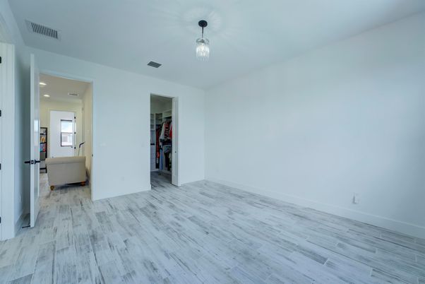 Empty room, Interior, Pendant Lights, Recessed Lighting, Wood Texture Flooring