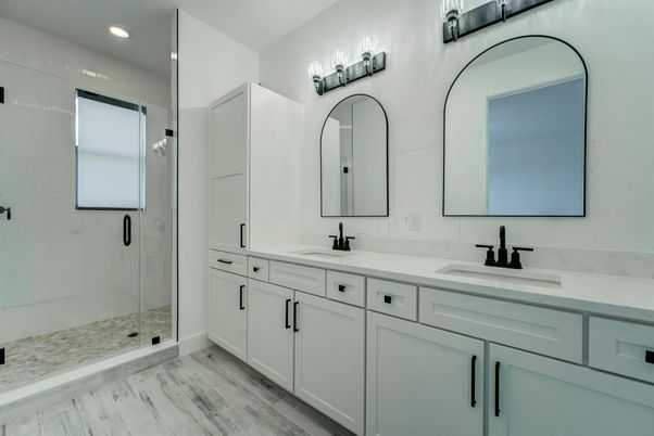 Bathroom, Dual Sink Vanities, Glass Shower, Interior, Recessed Lighting, Wood Texture Flooring