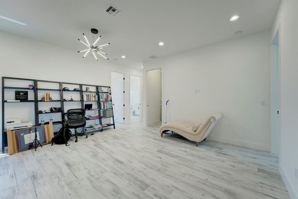 Home Office, Interior, Pendant Lights, Recessed Lighting, Wood Texture Flooring
