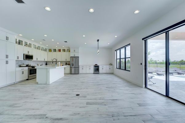 Interior, Kitchen, Pendant Lights, Recessed Lighting, Water, Wood Texture Flooring