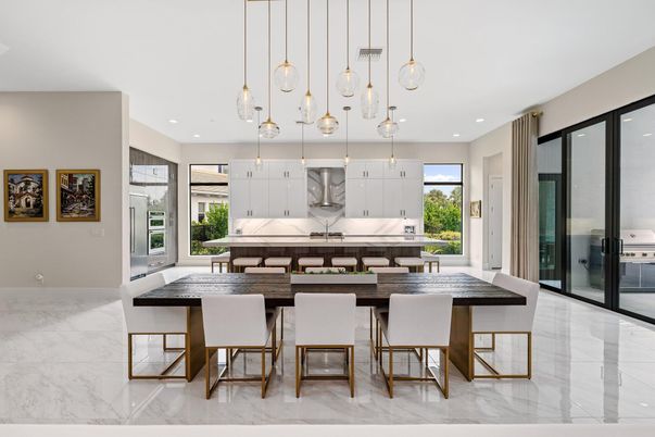 Dining room, Interior, Kitchen, Marble, Pendant Lights, Recessed Lighting