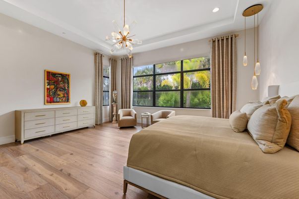 Bedroom, Interior, Pendant Lights, Recessed Lighting, Wood Texture Flooring