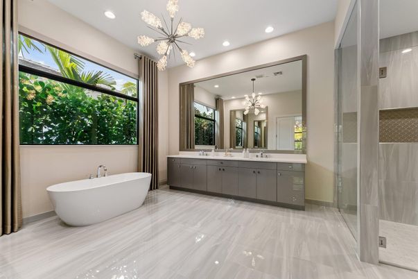 Bathroom, Chandelier, Dual Sink Vanities, Free Standing Baths, Interior, Pendant Lights, Recessed Lighting