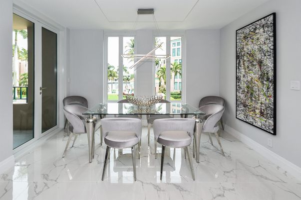 Dining room, Interior, Marble, Pendant Lights