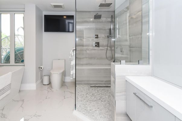 Bathroom, Glass Shower, Interior, Marble, Recessed Lighting