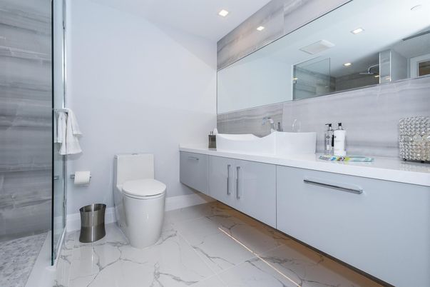 Bathroom, Dual Sink Vanities, Glass Shower, Interior, Marble, Recessed Lighting