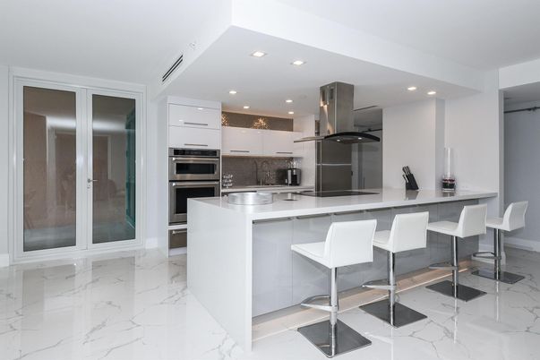 Interior, Kitchen, Marble, Recessed Lighting, Stainless Steel Appliances
