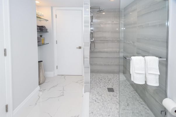 Bathroom, Glass Shower, Interior, Marble, Recessed Lighting