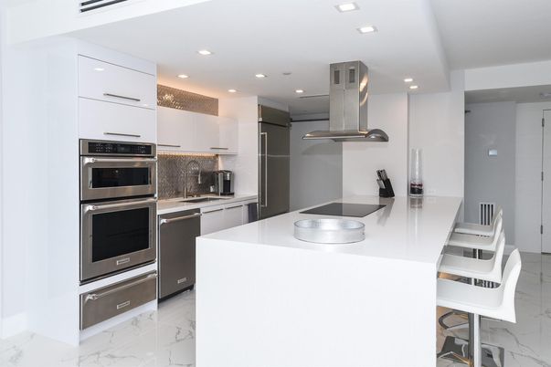 Interior, Kitchen, Marble, Recessed Lighting, Stainless Steel Appliances