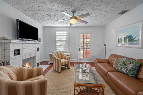 Fireplace, Interior, Living room, Stone Walls, Wood Texture Flooring