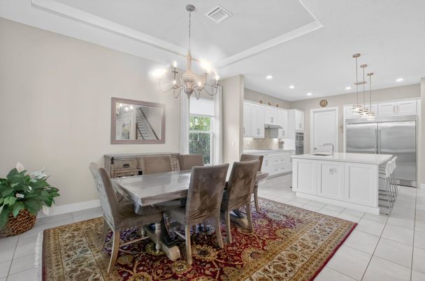 Chandelier, Dining room, Interior, Kitchen, Pendant Lights, Recessed Lighting, Stainless Steel Appliances