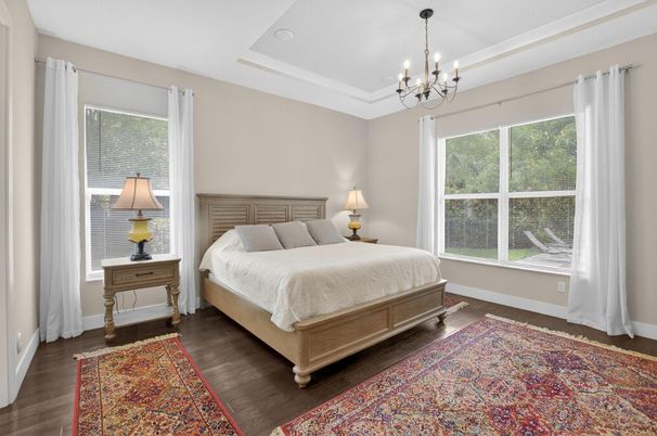 Bedroom, Chandelier, Interior, Wood Texture Flooring
