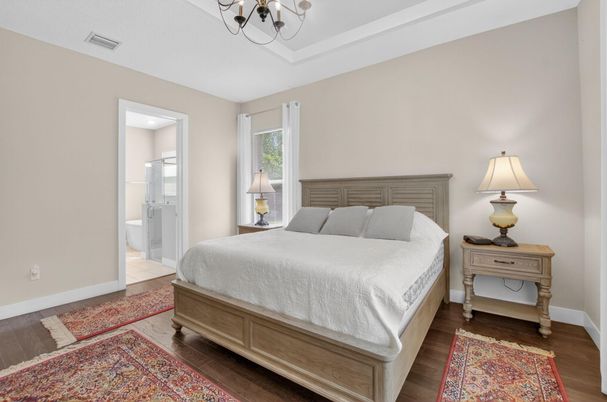 Bedroom, Chandelier, Interior, Wood Texture Flooring