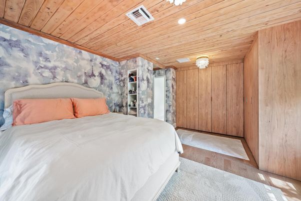 Bedroom, Interior, Recessed Lighting, Wooden Ceilings, Wooden Walls