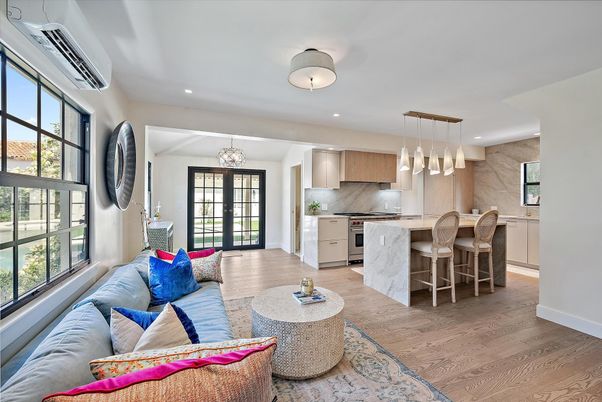 Interior, Kitchen, Living room, Marble Walls, Pendant Lights, Recessed Lighting, Stainless Steel Appliances, Wood Texture Flooring