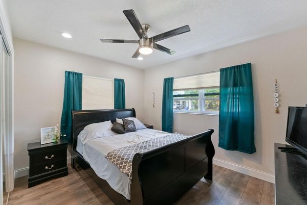Bedroom, Interior, Recessed Lighting, Wood Texture Flooring