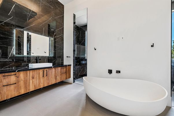 Bathroom, Dual Sink Vanities, Free Standing Baths, Interior, Marble Walls