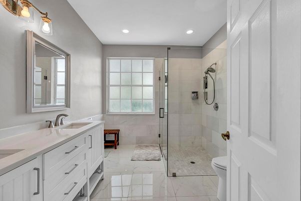 Bathroom, Dual Sink Vanities, Glass Shower, Interior, Marble, Recessed Lighting