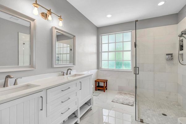 Bathroom, Dual Sink Vanities, Glass Shower, Interior, Marble, Recessed Lighting