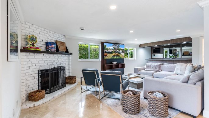 Fireplace, Interior, Living room, Recessed Lighting, Stone Walls