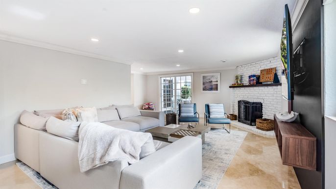 Fireplace, Interior, Living room, Recessed Lighting, Stone Walls